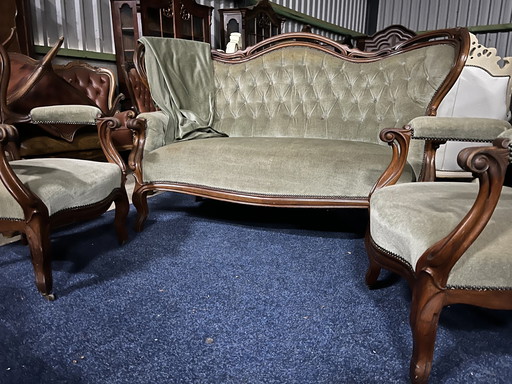 Antieke Biedermeier Bank Met Fauteuils 