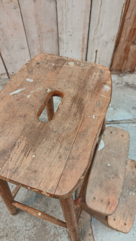 Image 1 of Vintage Houten Rustieke Brocante Keukentrap Kruk