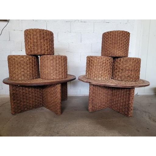 Set van 6 poefs en 2 vintage salontafels van touw en rotan