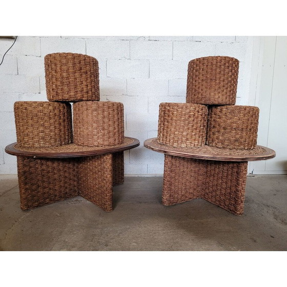 Image 1 of Set van 6 poefs en 2 vintage salontafels van touw en rotan
