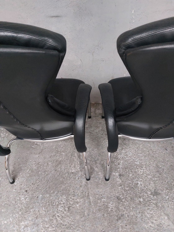 Image 1 of Black Leather Chrome Armchairs 80'