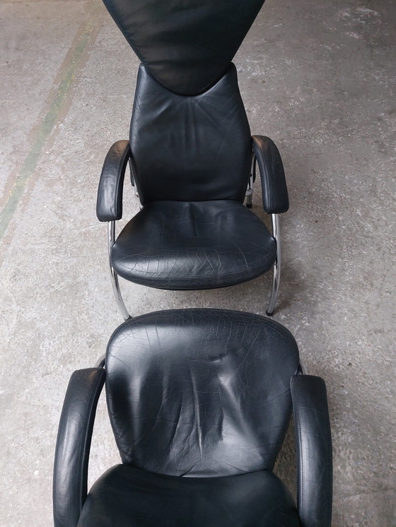 Image 1 of Black Leather Chrome Armchairs 80'