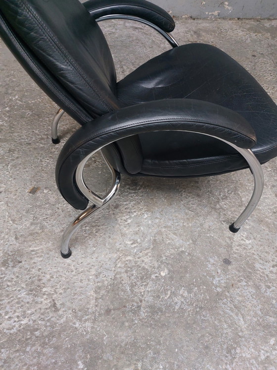 Image 1 of Black Leather Chrome Armchairs 80'