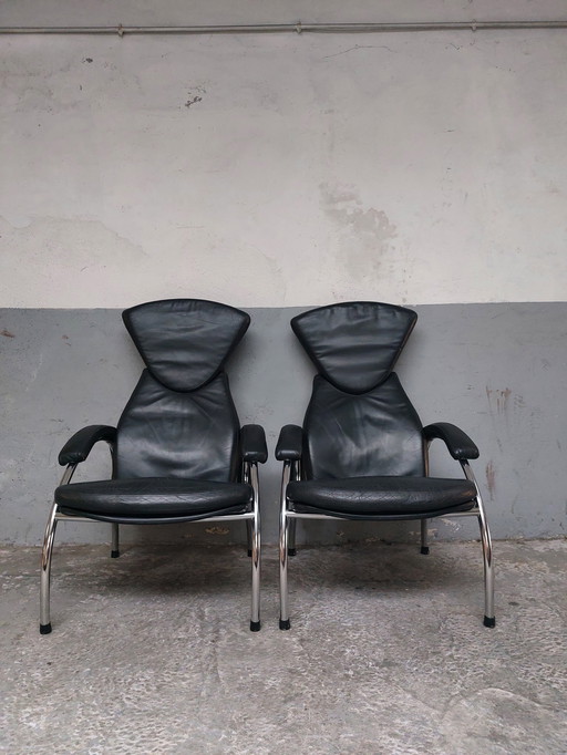 Black Leather Chrome Armchairs 80'