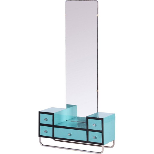 Vintage kaptafel van gelakt hout, verchroomd staal, spiegel en glas, Tsjecho-Slowakije 1930