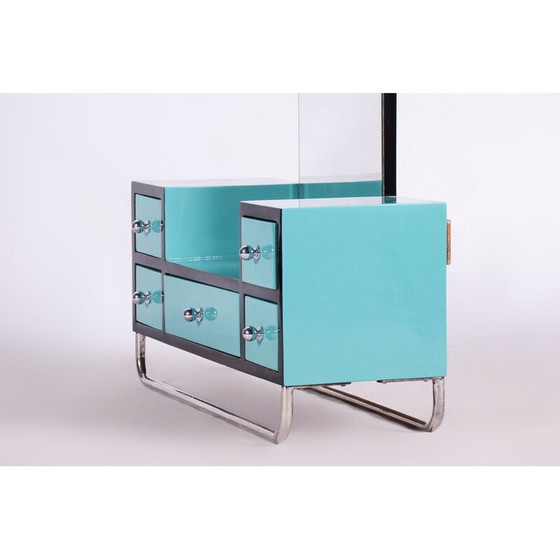 Image 1 of Vintage kaptafel van gelakt hout, verchroomd staal, spiegel en glas, Tsjecho-Slowakije 1930