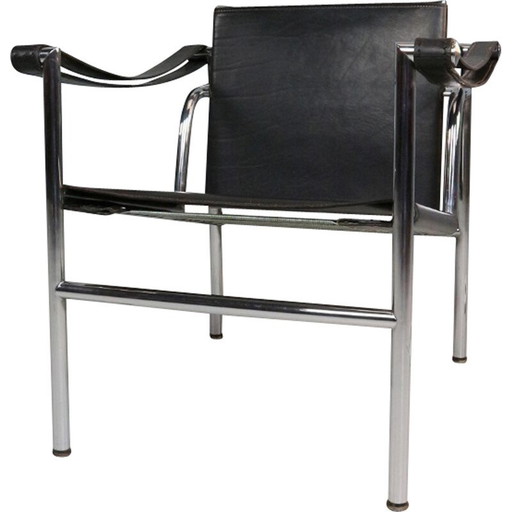 Vintage LC1 armstoel in zwart leer en verchroomd staal van Le Corbusier voor Cassina, Italië 1970