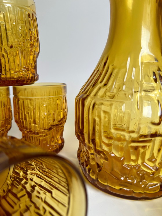 Image 1 of Vintage karaf set drinkglazen geel geperst glas Brutalist jaren 70 Bormioli Rocco