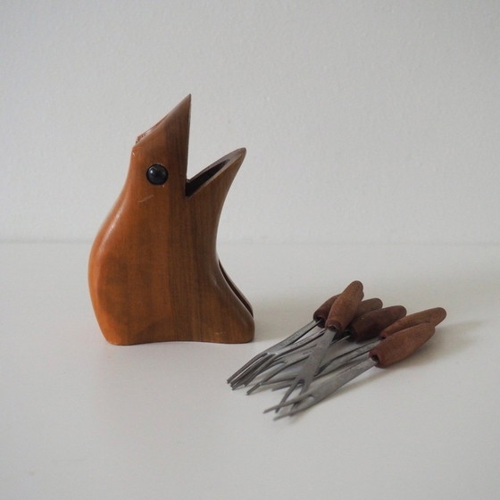 Image 1 of 1960S Mcm Teak Kikker Cocktail Vork Houder Party Picker