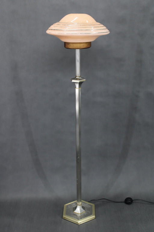 1940S Gerestaureerde Nikkel staande lamp met glazen kap