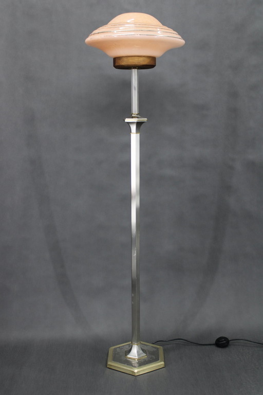 1940S Gerestaureerde Nikkel staande lamp met glazen kap