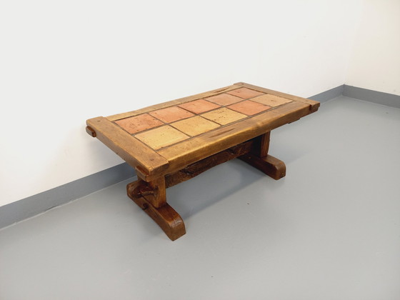 Image 1 of Vintage Brutalistische Rustieke Rechthoekige Salontafel Van Massief Eiken En Keramiek Uit De Jaren 60 En 70