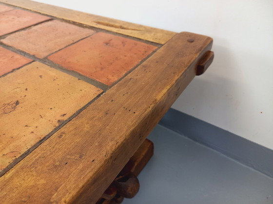 Image 1 of Vintage Brutalistische Rustieke Rechthoekige Salontafel Van Massief Eiken En Keramiek Uit De Jaren 60 En 70