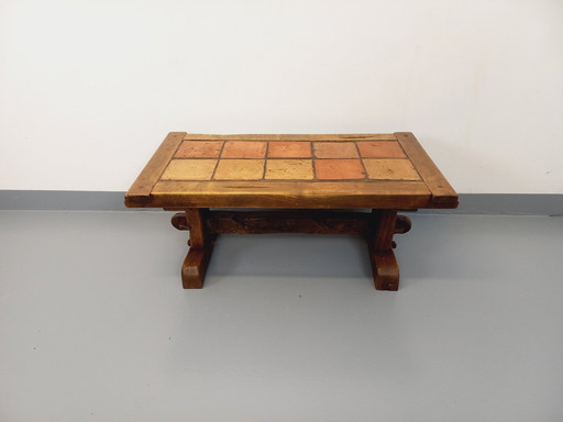 Vintage Brutalistische Rustieke Rechthoekige Salontafel Van Massief Eiken En Keramiek Uit De Jaren 60 En 70