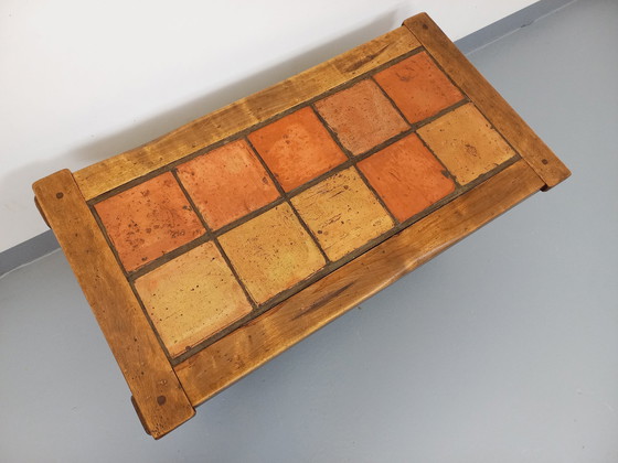 Image 1 of Vintage Brutalistische Rustieke Rechthoekige Salontafel Van Massief Eiken En Keramiek Uit De Jaren 60 En 70