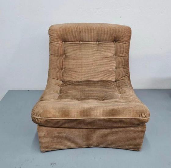 Image 1 of 2x Vintage Fauteuil - Bruine Ribstof- Jaren 70