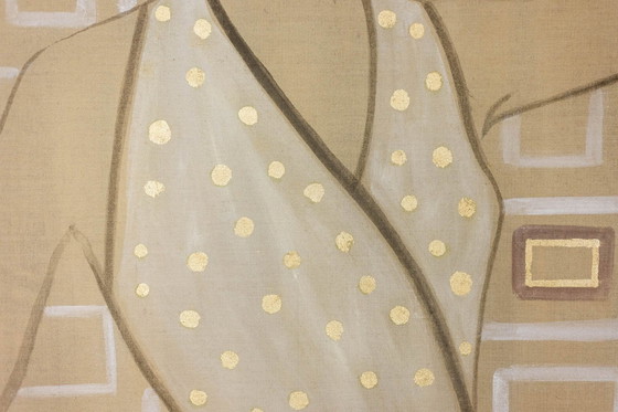 Image 1 of Geschilderd doek met een elegante vrouw uit de jaren 1950. Eigentijds.