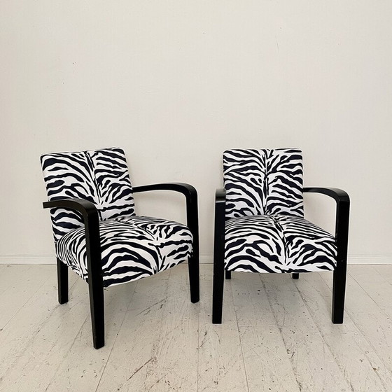 Image 1 of Paar vintage Art Deco fauteuils in zwart hout en zebrastof, Frankrijk 1930