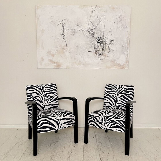 Image 1 of Paar vintage Art Deco fauteuils in zwart hout en zebrastof, Frankrijk 1930