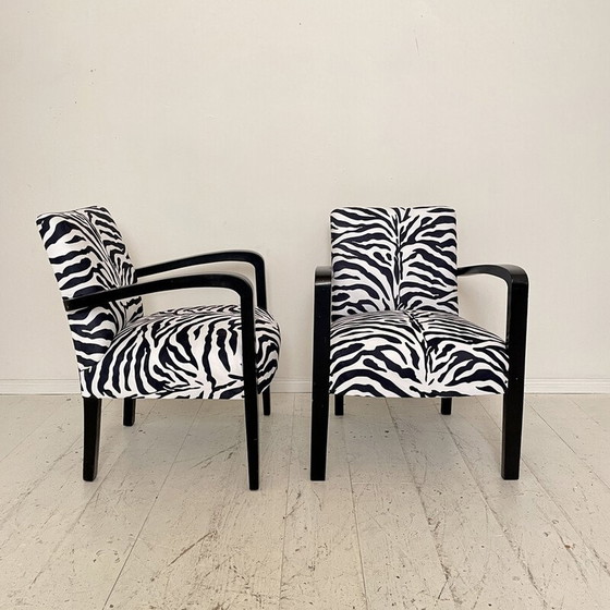 Image 1 of Paar vintage Art Deco fauteuils in zwart hout en zebrastof, Frankrijk 1930