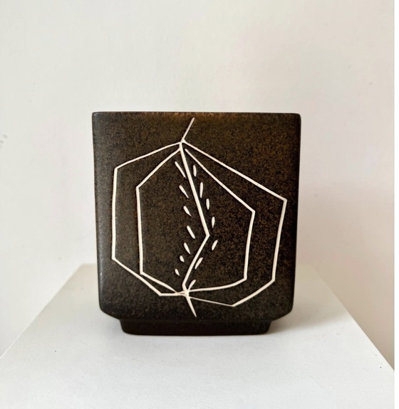 Image 1 of Steengoed Vaas Okela Steengoed Denemarken, Vintage, Matte Afwerking, Sgraffito, Appel/Pompoen Illustratie 1970S