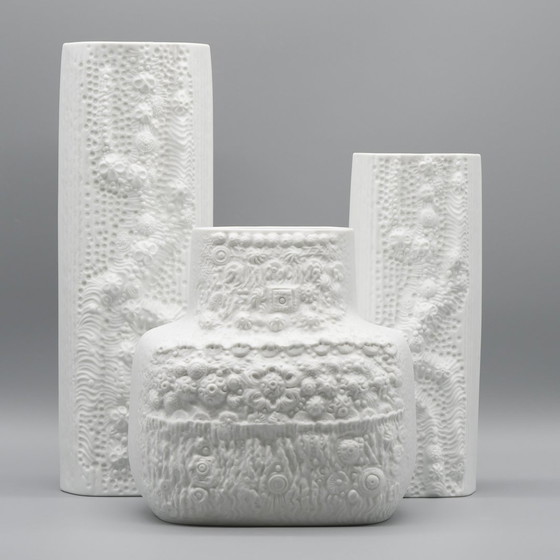 Image 1 of Martin Freyer Rosenthal Bisque Porselein Reliëf Azu Vaas Op Art Ontwerp 70S Trio