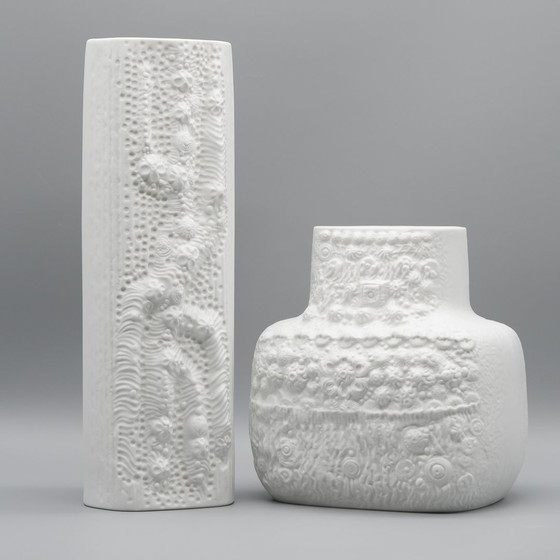 Image 1 of Martin Freyer Rosenthal Bisque Porselein Reliëf Azu Vaas Op Art Ontwerp 70S Trio
