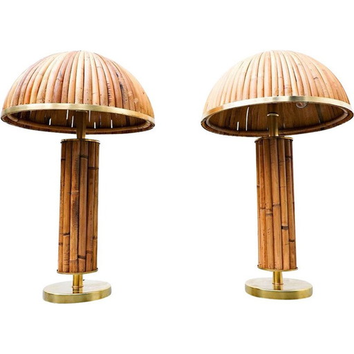 Paar vintage tafellampen van messing en bamboe, Italië