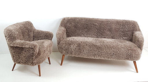 Vintage bank en fauteuil pluche fluffy little petra nieuw 