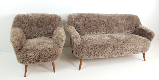 Vintage bank en fauteuil pluche fluffy little petra nieuw 