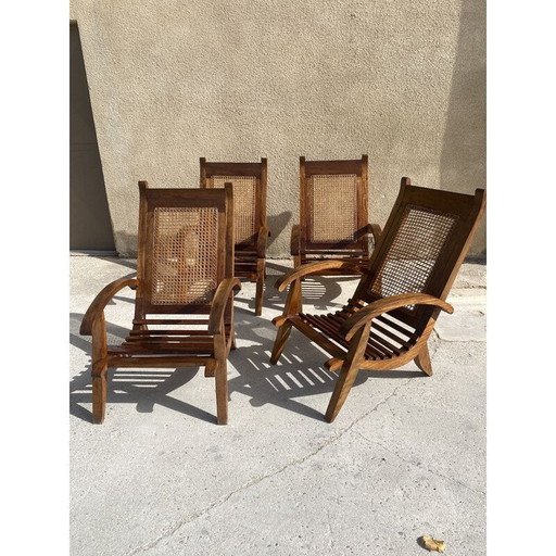 Set van 4 vintage fauteuils met houten latten en riet, 1950