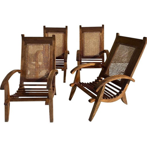 Set van 4 vintage fauteuils met houten latten en riet, 1950