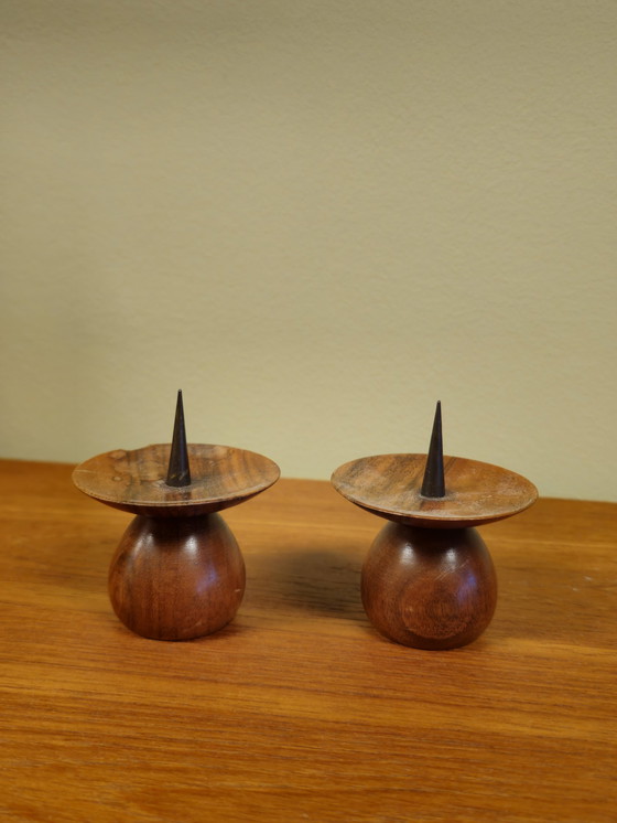 Image 1 of Mid-Century Teak Kandelaar Kaarsenhouder Kandelaren Vintage 