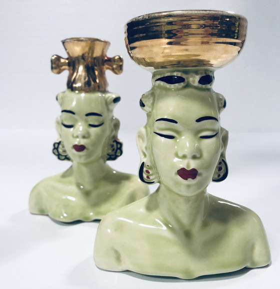 Image 1 of Vintage Africanistische kandelaars - Geëmailleerd keramiek - 1950