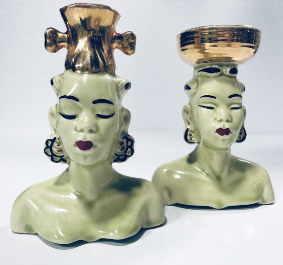 Image 1 of Vintage Africanistische kandelaars - Geëmailleerd keramiek - 1950