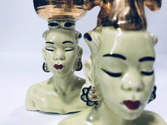 Image 1 of Vintage Africanistische kandelaars - Geëmailleerd keramiek - 1950