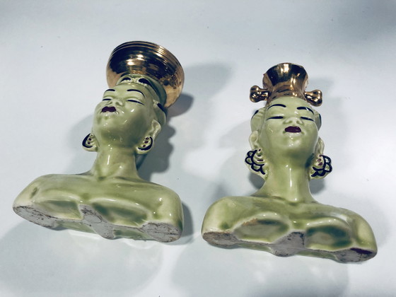 Image 1 of Vintage Africanistische kandelaars - Geëmailleerd keramiek - 1950