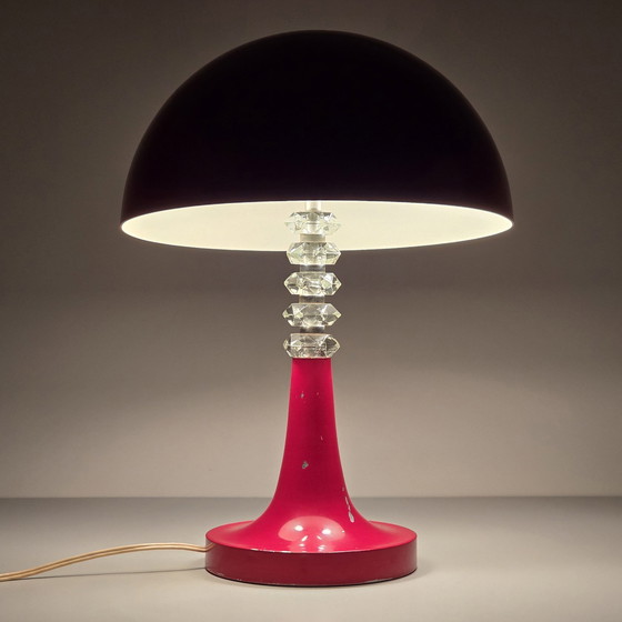 Image 1 of Vintage 1960S Hongaarse Rood Gelakte Paddestoel Tafellamp met Diamanten Hals - Vintage Hemisfeer Tafellamp.