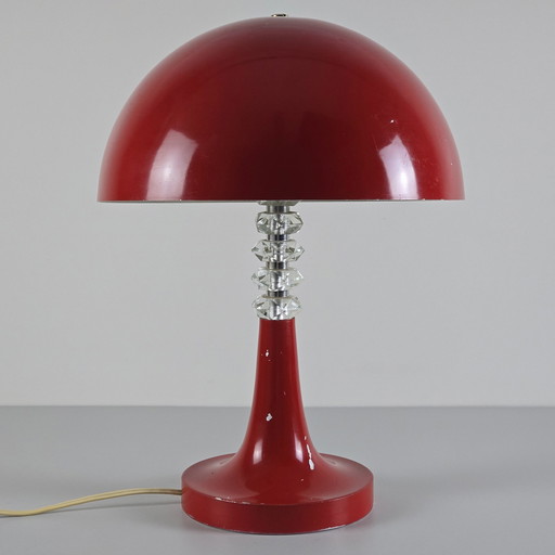 Vintage 1960S Hongaarse Rood Gelakte Paddestoel Tafellamp met Diamanten Hals - Vintage Hemisfeer Tafellamp.