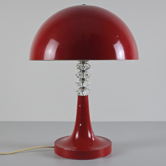 Image 1 of Vintage 1960S Hongaarse Rood Gelakte Paddestoel Tafellamp met Diamanten Hals - Vintage Hemisfeer Tafellamp.