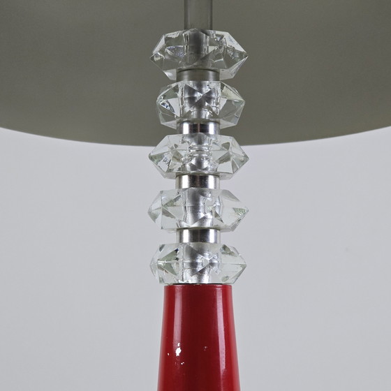 Image 1 of Vintage 1960S Hongaarse Rood Gelakte Paddestoel Tafellamp met Diamanten Hals - Vintage Hemisfeer Tafellamp.