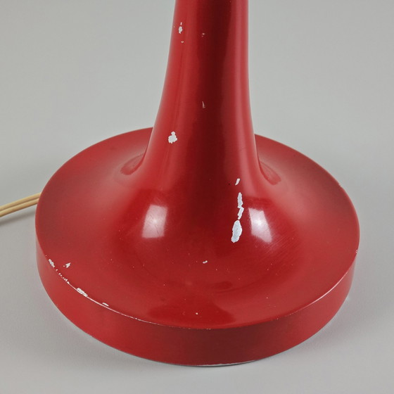 Image 1 of Vintage 1960S Hongaarse Rood Gelakte Paddestoel Tafellamp met Diamanten Hals - Vintage Hemisfeer Tafellamp.