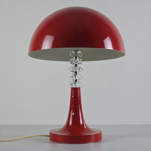 Vintage 1960S Hongaarse Rood Gelakte Paddestoel Tafellamp met Diamanten Hals - Vintage Hemisfeer Tafellamp.