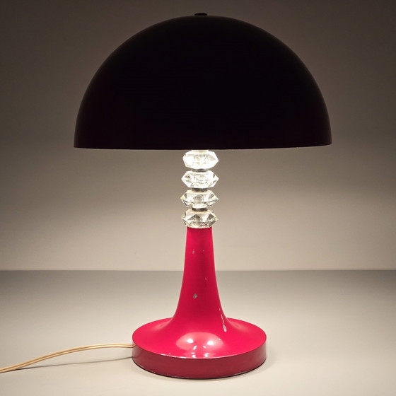 Image 1 of Vintage 1960S Hongaarse Rood Gelakte Paddestoel Tafellamp met Diamanten Hals - Vintage Hemisfeer Tafellamp.