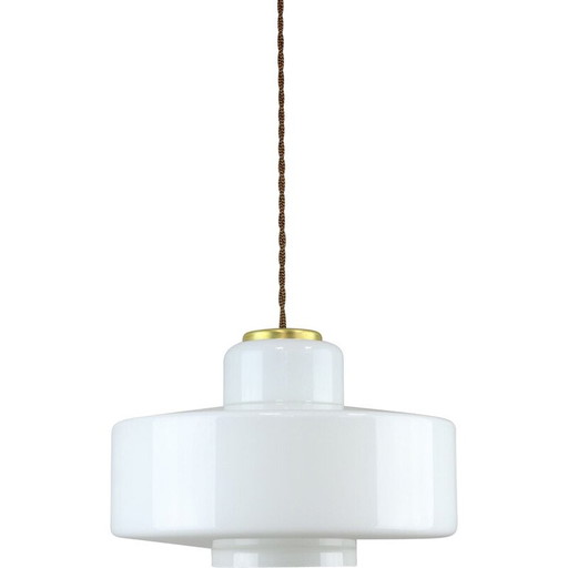 Mid Century Italiaanse hanglamp van wit glas en messing