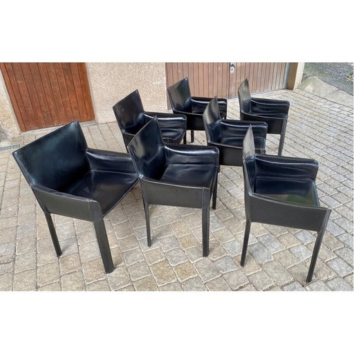 Set van 7 vintage zwart leren fauteuils van Couro Brasil