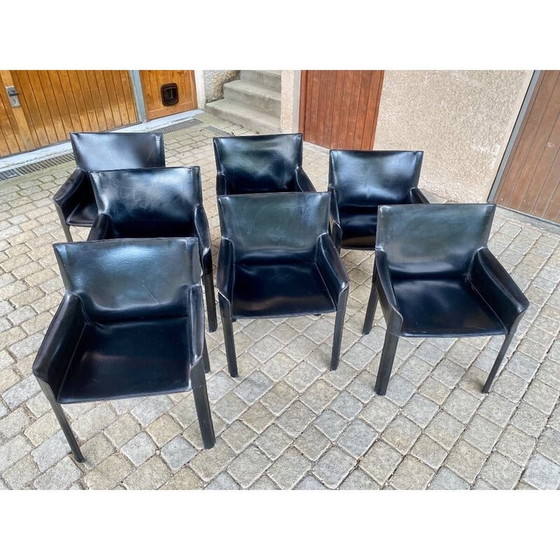 Image 1 of Set van 7 vintage zwart leren fauteuils van Couro Brasil