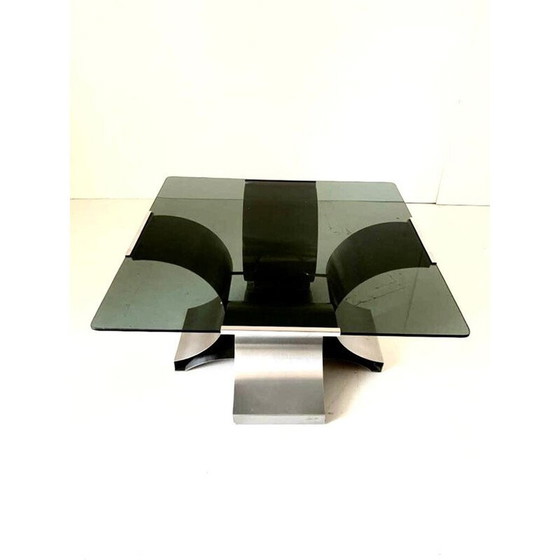 Image 1 of Vintage salontafel in gerookt glas en aluminium van François Monnet, Frankrijk 1970