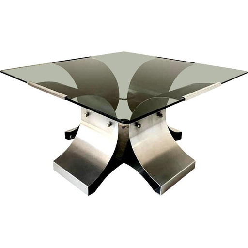 Vintage salontafel in gerookt glas en aluminium van François Monnet, Frankrijk 1970