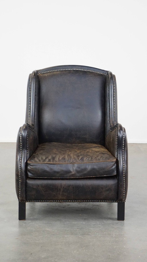 Zwarte Rundleren Fauteuil 